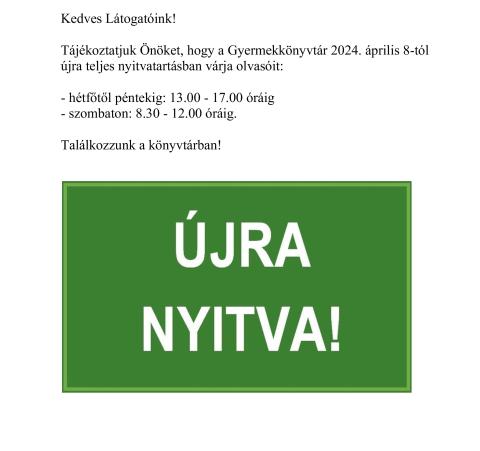 Újra teljes nyitvatartásban a Gyermekkönyvtár!
