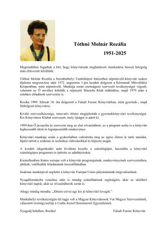 Tóthné Molnár Rozália - Nekrológ